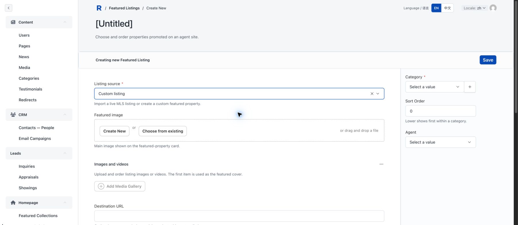 Featured Listing editor set to Custom listing with featured image and destination URL