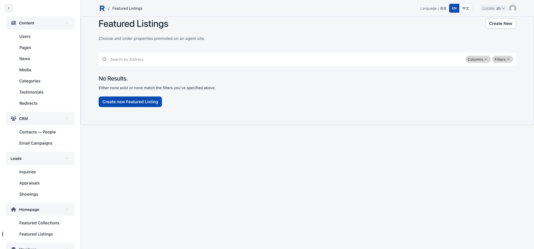 Featured Listings collection with Create New button