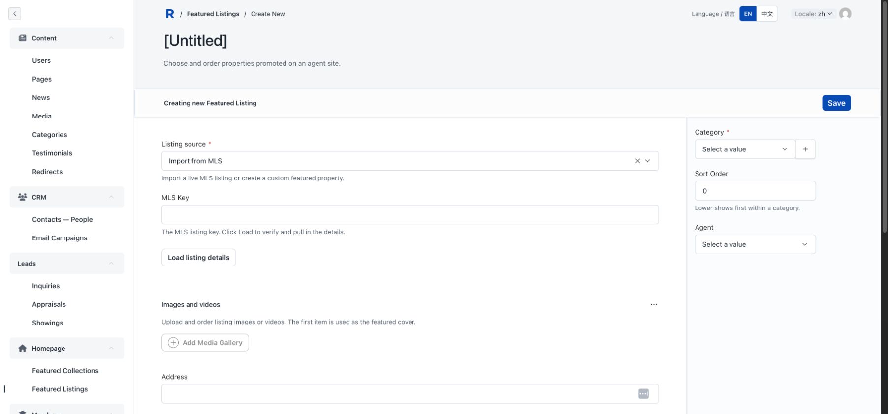 Featured Listing editor set to Import from MLS with MLS Key, Load button and media gallery