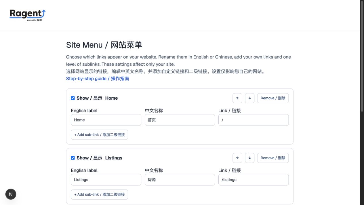 Site Menu editor showing visibility, two language labels, links, and sublinks