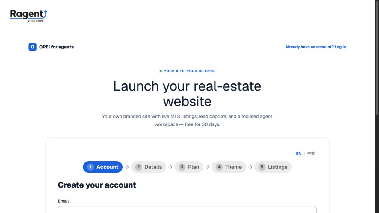 English signup form with account, details, plan, theme and listings steps