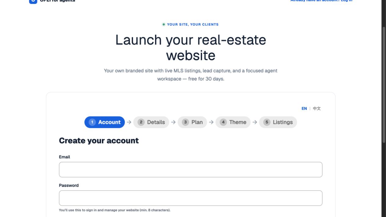 English account form with email, password, Google option and Next button