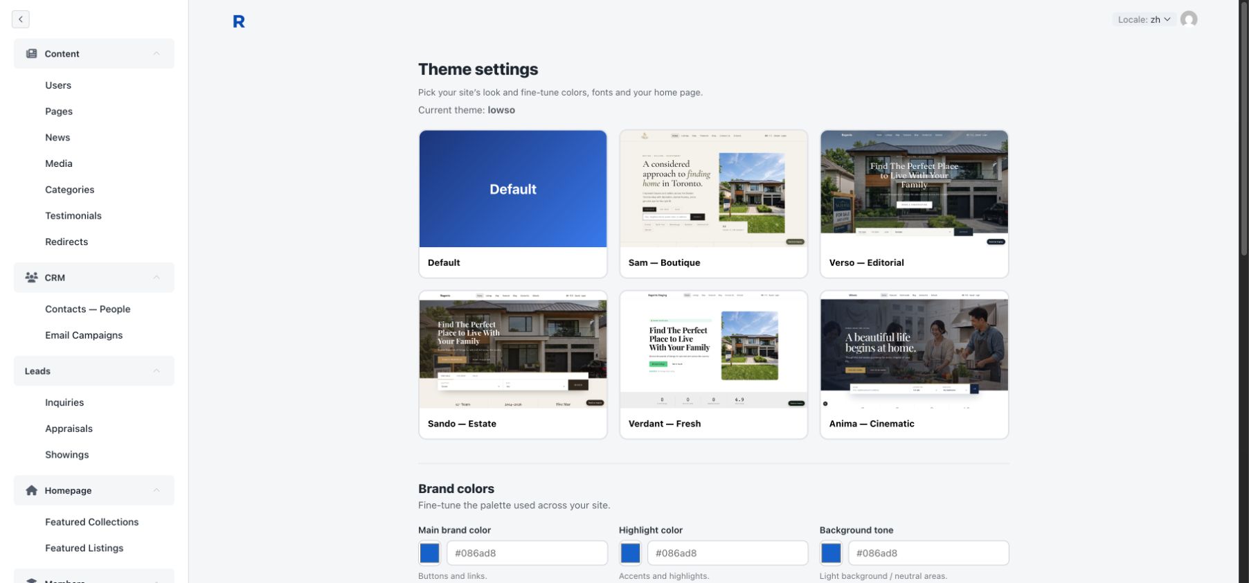 Theme settings with theme choices, brand colors, font settings and hero image controls